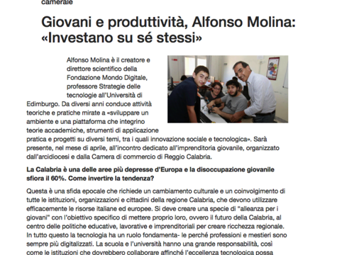 Giovani e produttività, Alfonso Molina: «Investano su sé stessi»